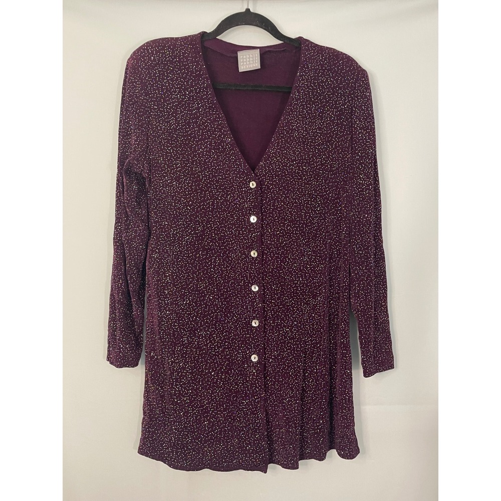 VTG Rabbit Designs‎ Burgundy Sparkle Button Front Cardigan Tunic Petite Size 8